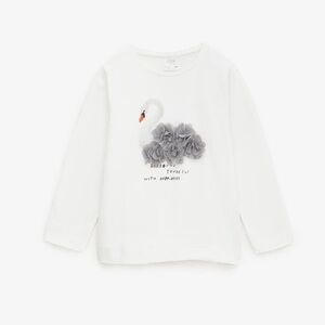 Zara Kids Girls Swan Graphic White Long Sleeve Top -Size 8